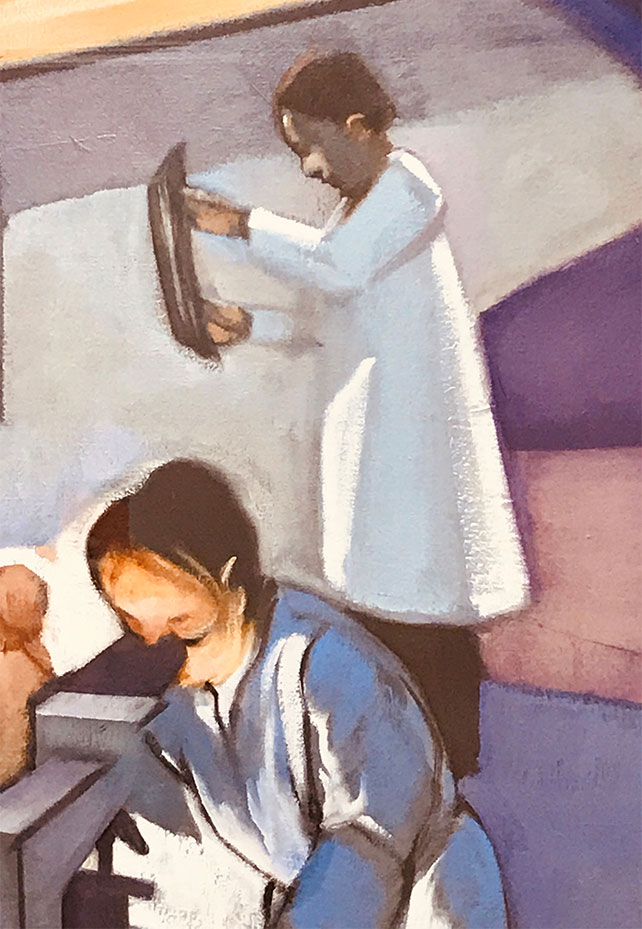 Part of a piece of art is seen. The work is by Ralph Gilbert, Atlanta, Ga., Healing in Art, 2019, oil on canvas.